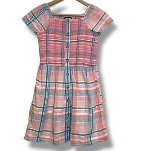 Land's End Girls Plaid Pink Smocked Dress Size 14 Short Sleeve‎ Preppy Summer